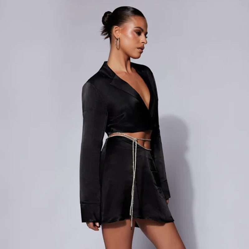 2025 autumn and winter explosion Spice Girl slim-fit rose satin high-waisted lace-up short skirt long-sleeved cardigan two-piece set for women