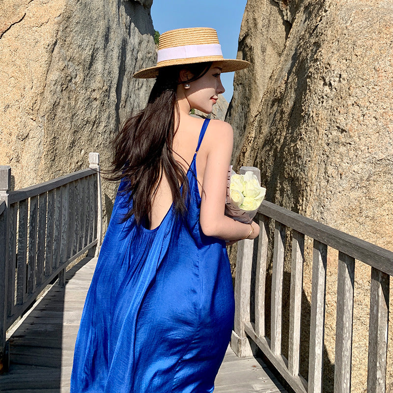 2025 Klein blue Sanya beach dress summer suspender sexy backless and thin seaside vacation super fairy long dress