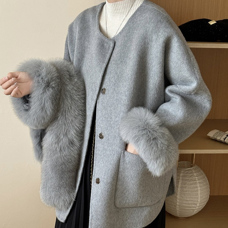 2025 Fox hair high-end temperament double-sided wool jacket woolen coat women's new autumn and winter Mao Mao new autumn and winter