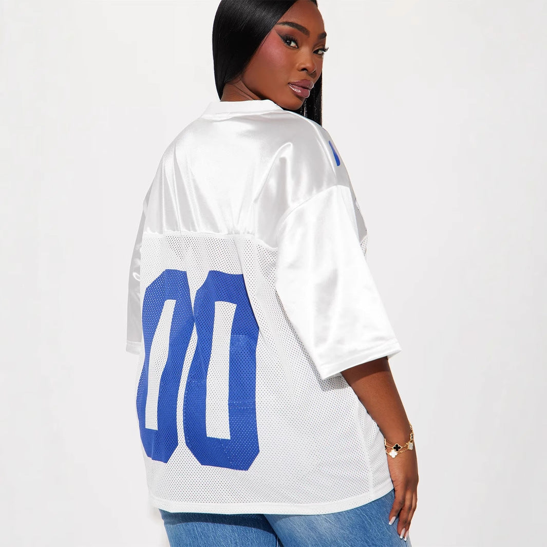 popular autumn new New n retro sports style letter printing loose casual V-neck short-sleeved top