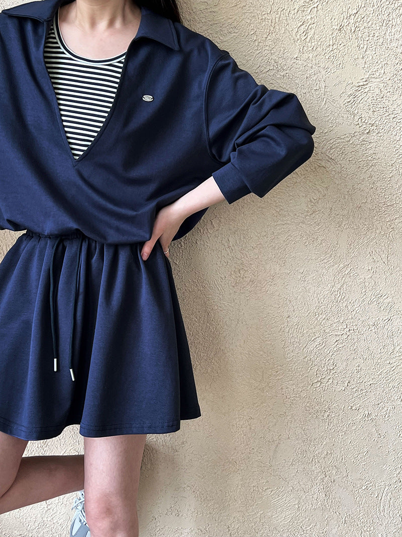 Luxi, Korean age-reducing suit for women's spring new fake two-piece sweater + elastic skirt two-piece set 2884