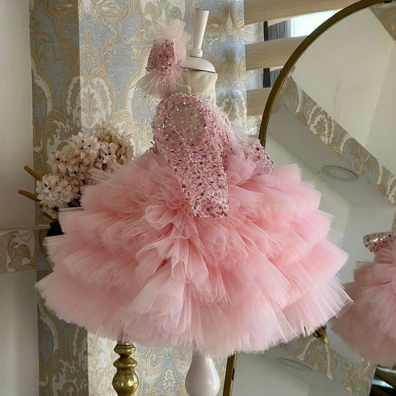 Xiangtuibao Princess Dress Girls' Western Style Dress V-neck Long Sleeve Little Girl Dress Children's Piano Playing Catwalk Performance Costumes