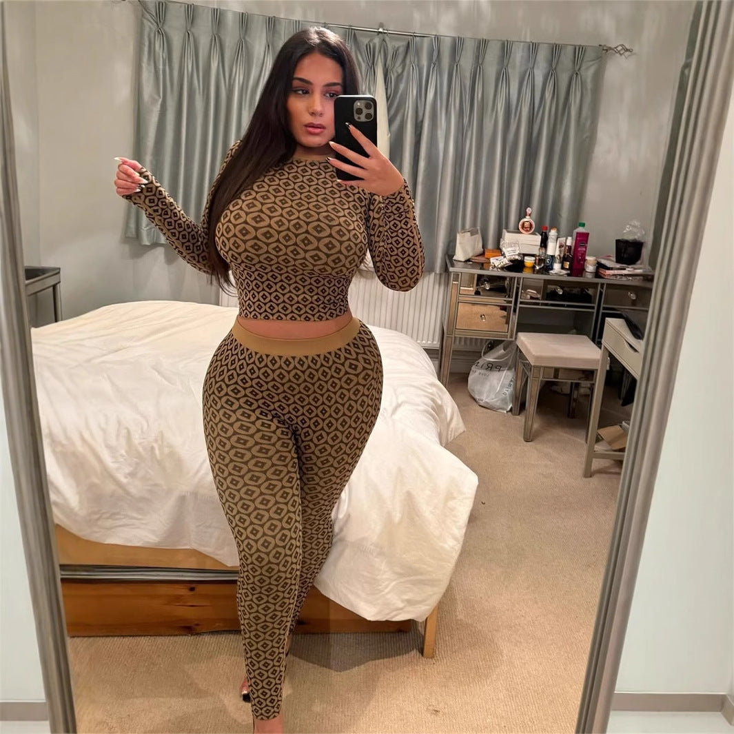 new New Popular trade fashion printing slim-fitting sexy elastic long-sleeved crew neck top trousers suit women's clothing