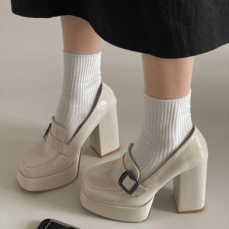 xiangtuibao Small Net Red Black Height Increasing Chunky Heel High Heels for Women New Spring and Autumn Retro Versatile Small Leather Shoes