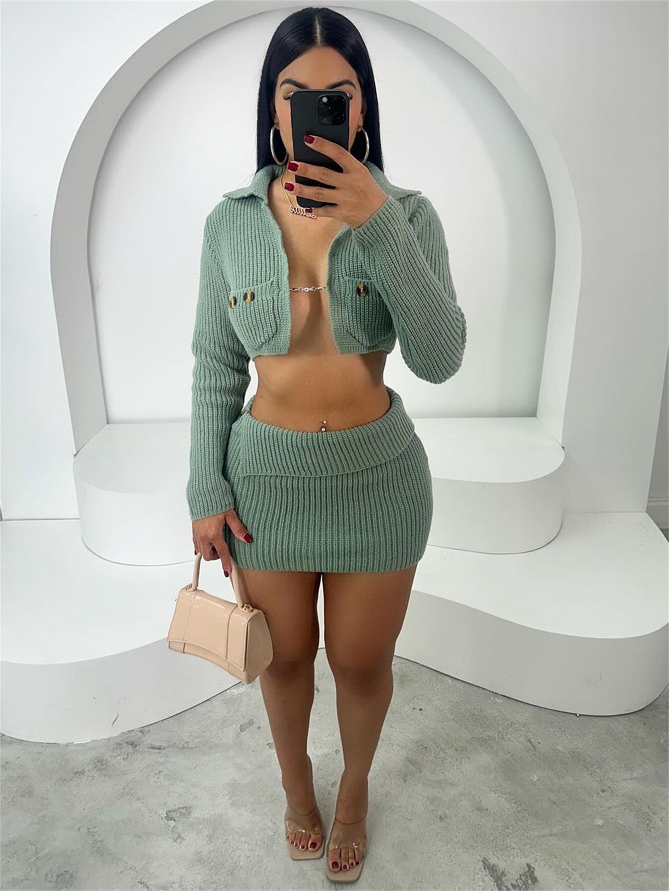 popular autumn new New slim-fit Spice Girls long-sleeved short jacket top hip-wrapped short skirt solid color suit
