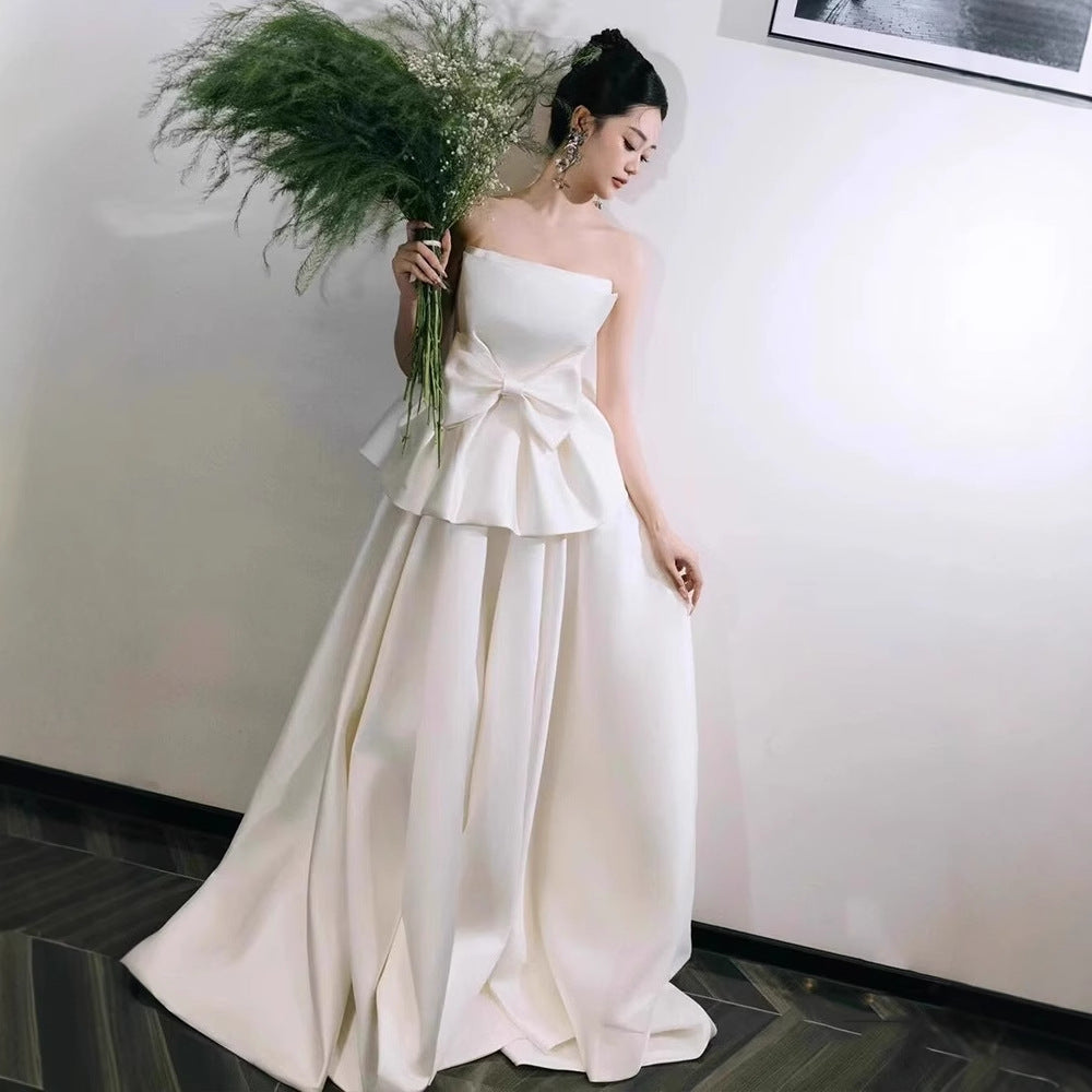 2025 tube top light wedding dress bride simple niche satin temperament go out yarn Mori bow engagement dress skirt