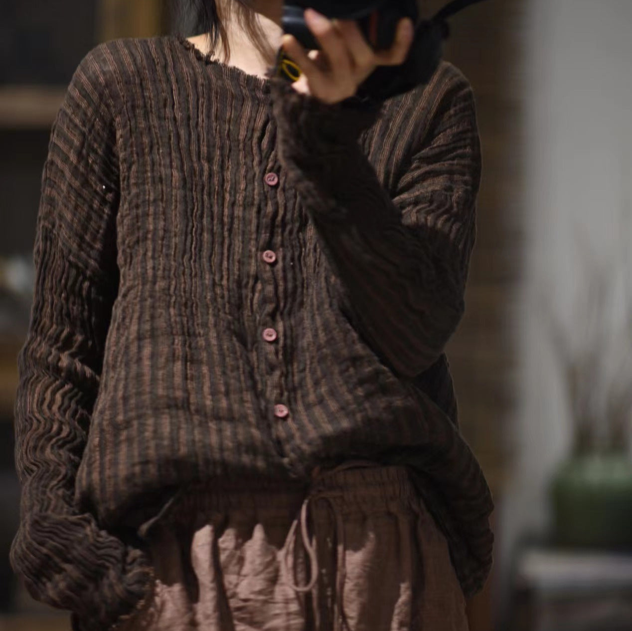 2025 24/1 SN15 literary and retro contrasting color yarn-dyed craft linen striped cardigan shirt