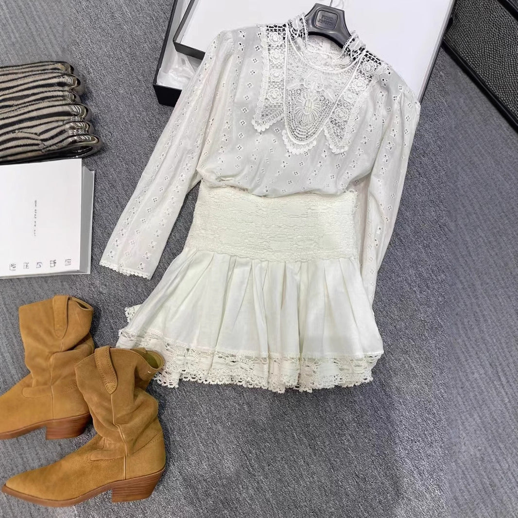 2025 ISA same style, niche design, heavy industry hollow embroidery crochet niche shirt + pleated skirt