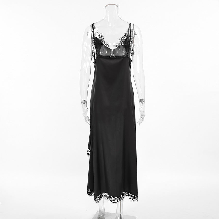 2025 Summer Sexy Design Lace V-Neck Suspender Black Mystery Dress Versatile Russian Split Skirt Women's Clothing