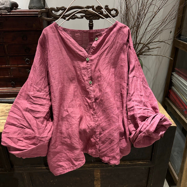2025 22/12 Xiaoqiu, early spring literary and retro ramie cardigan collarless button-down shoulder shirt