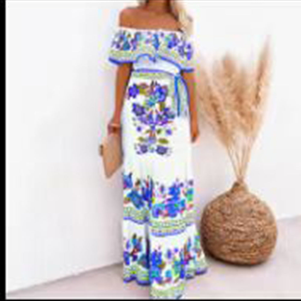 2023 New New Popularan, 2025n Spring and Summer Shoulder Safflower Printing Long Pendulum Dress Women