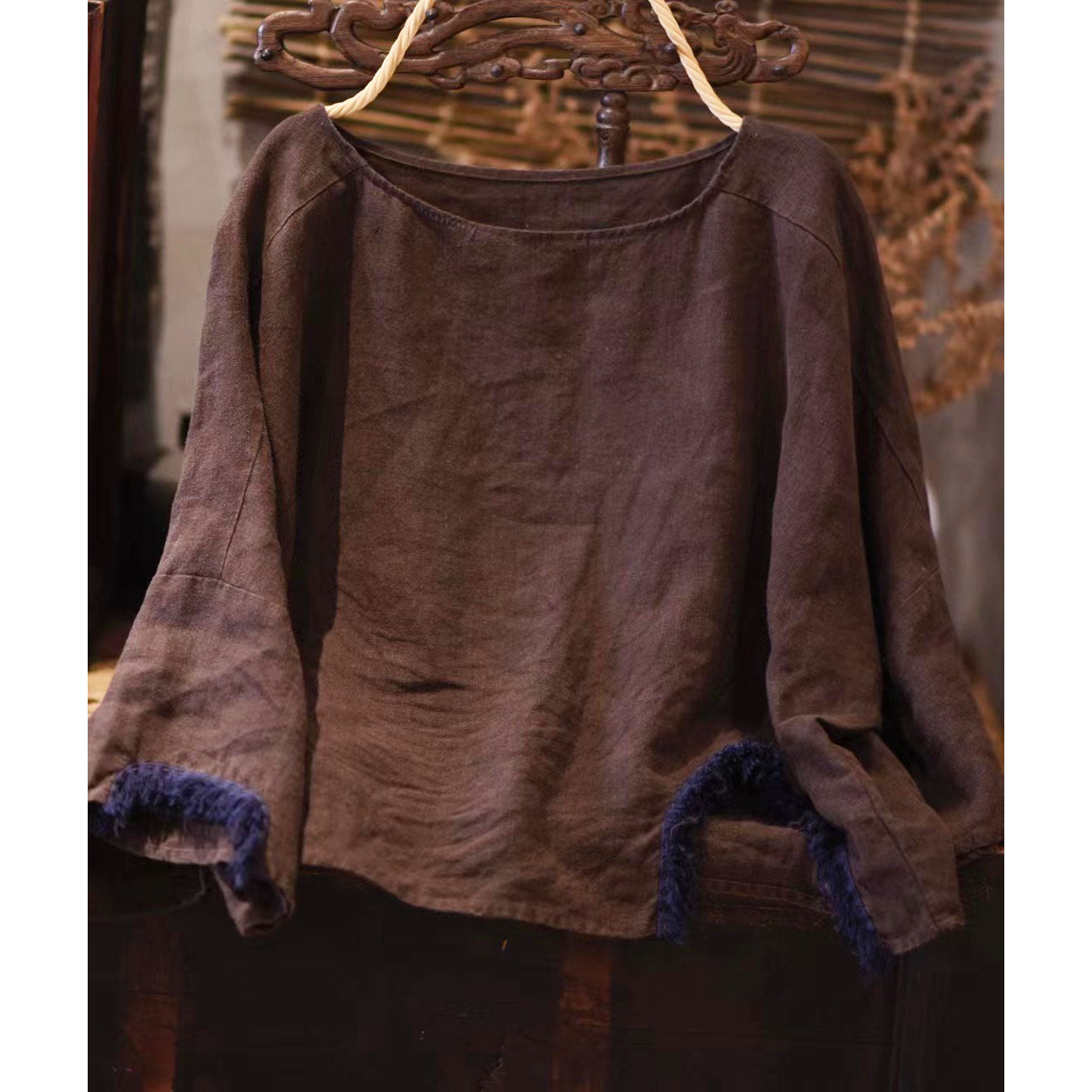 2025 22/8 Xiaohe, early autumn literary and retro linen round neck pullover shoulder seven-quarter sleeve short linen shirt