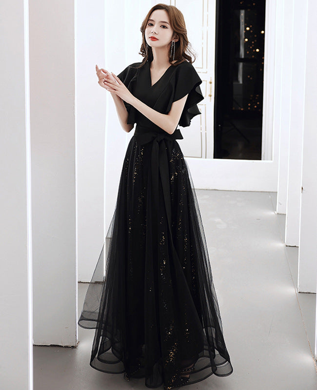 2025 Black evening dress female banquet temperament socialite middle school student art examination host high sense choir performance dress