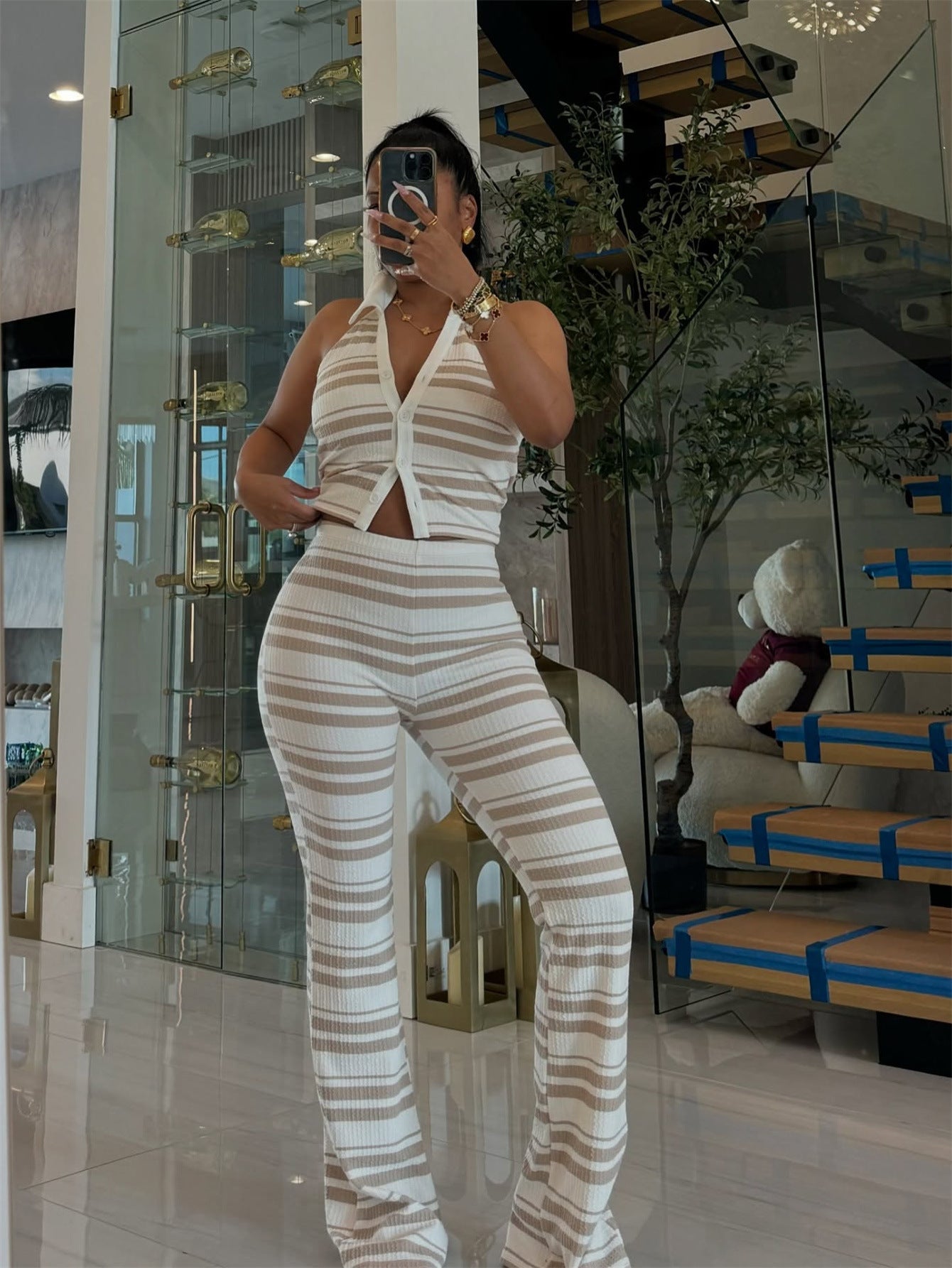 In the summer of , New new women's clothing casual shirt collar sleeveless top waist-wrapped hip trousers set