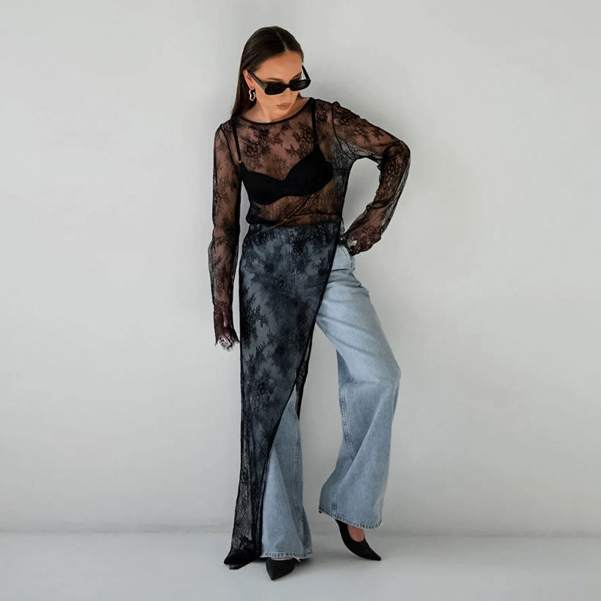 2025 Sexy black perspective dress brocade lace round neck long sleeve split asymmetric dress summer versatile dress