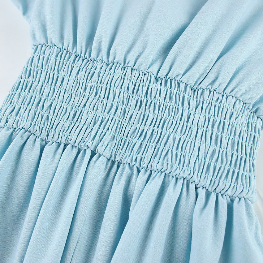 2025 Cross-border summer new elegant long dress sexy low-cut V-neck bubble sleeve high-waisted cotton and linen dress