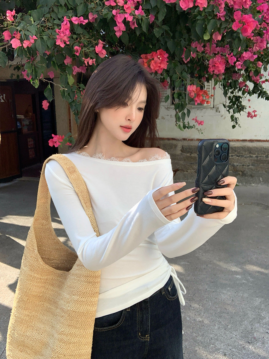 2025 Thirteen Lines Spring New Korean Edition Temperament Lace Slant Neck Bottom Shirt Long Sleeve Top 89190
