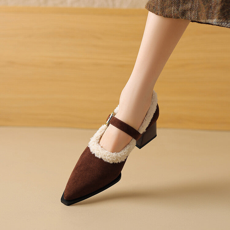 2025 retro fluffy shoes women's autumn and winter one-word with pointed thick heels single shoes velvet Mary Jane high heels