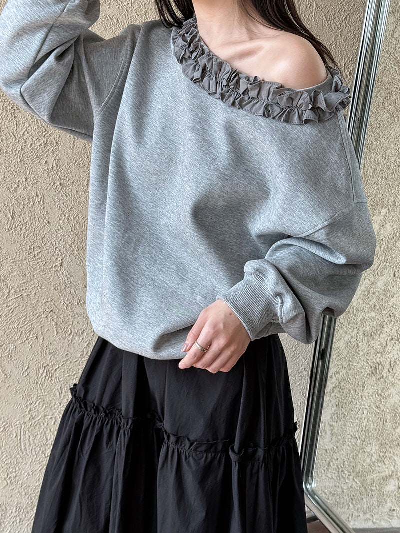 Luxi, Korean version of fungus lace slanted shoulder long-sleeved sweater women's spring new loose casual versatile top 2903