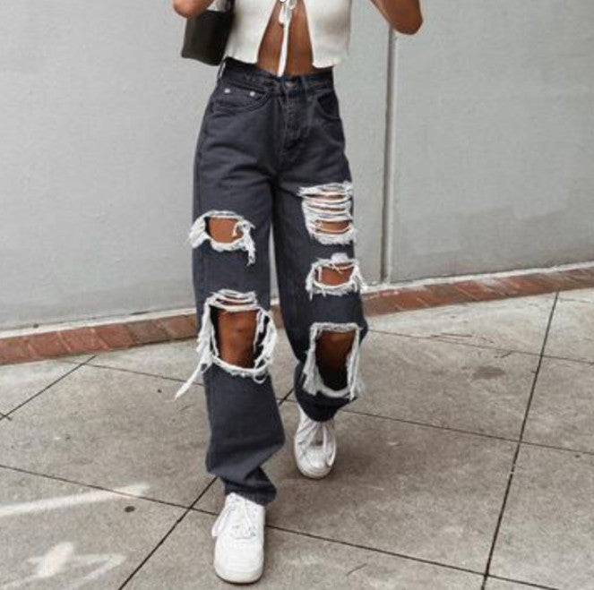 2025 (The whole store is not closed during the Spring Festival, and the stock is fully stocked) New popular high-waisted ripped thin wide-leg jeans women