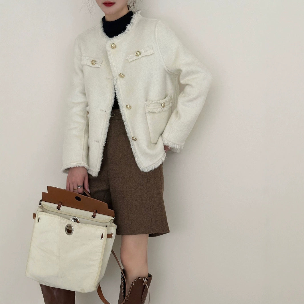 2025 Solid color rough edge small fragrant wind round neck single-breasted front shoulder hand-sewn short double-sided nylon wool woolen coat coat women