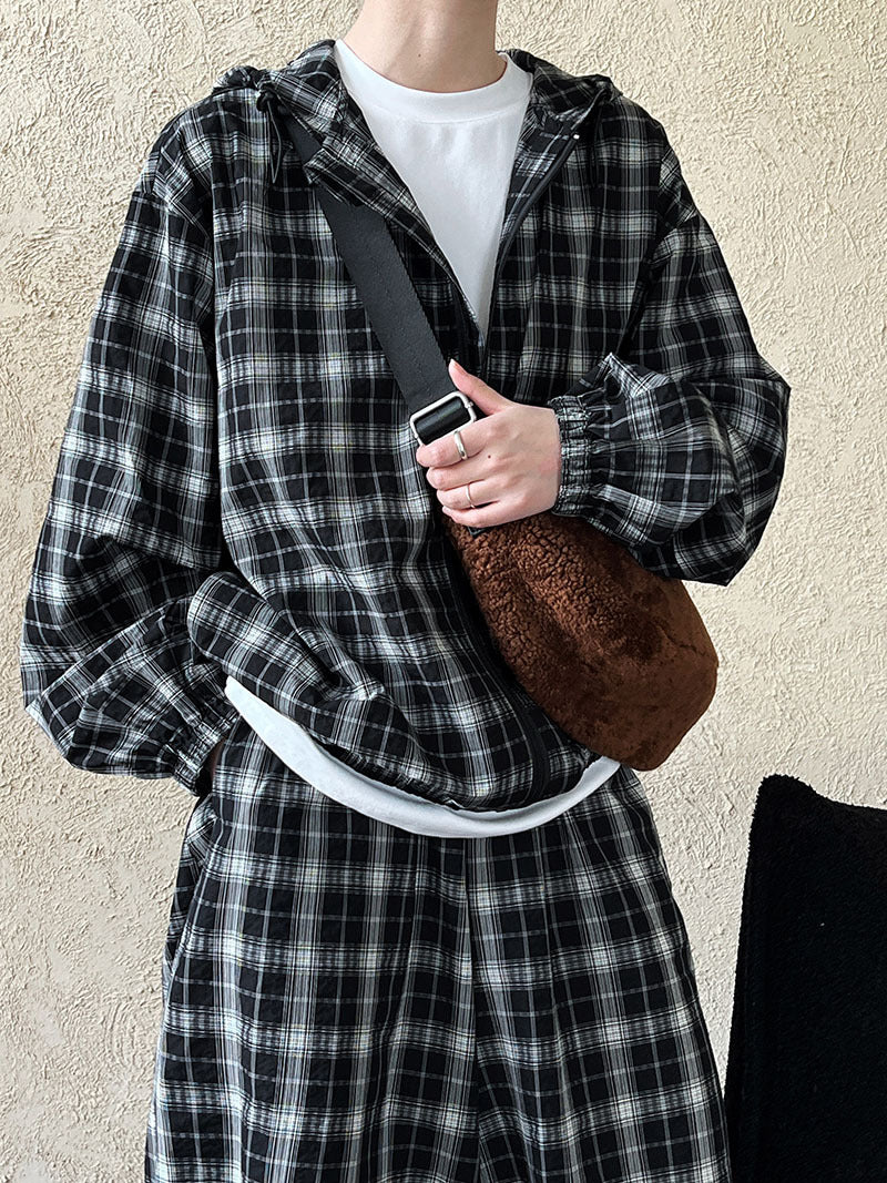 Luxi, retro contrasting color plaid jacket women's popular autumn new long-sleeved loose drawstring hooded top 3990