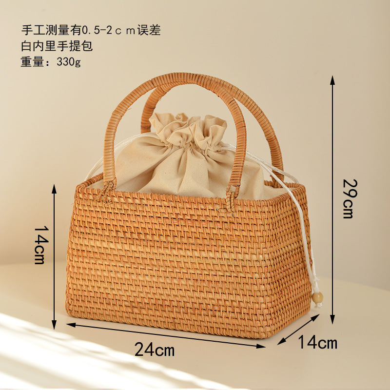 XIANGTUIBAO Vacation Style Handmade Pastoral Style Cabas Storage Picnic Travel Baskets Hand-Woven Rattan Handbag