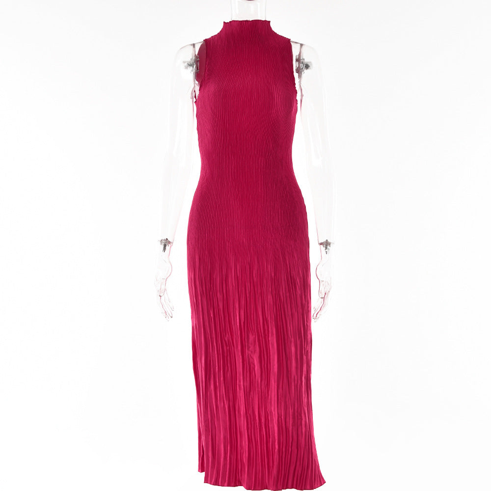 2025 popular ruffle leaf edge round neck dress is hot in autumn, fashionable and sexy sleeveless waist pit strip long dress women
