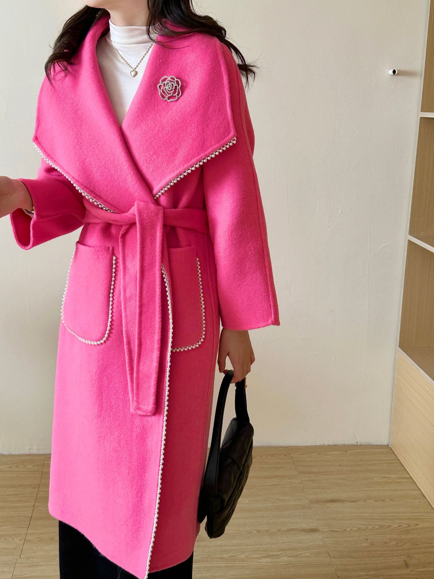 2025 Temperament design small fragrant wind bead trim decoration extended double-sided wool coat autumn and winter lace-up woolen