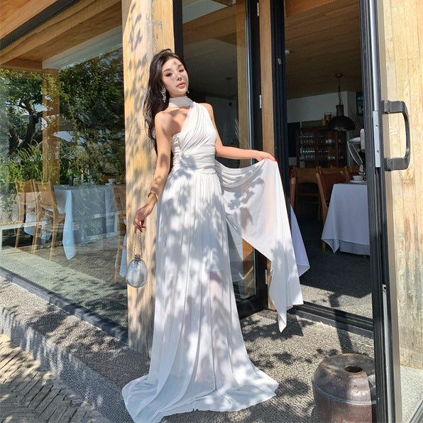 2025 Ancient Greek Muse shoulder streamer dress summer white super fairy light wedding dress photo dress vacation beach dress