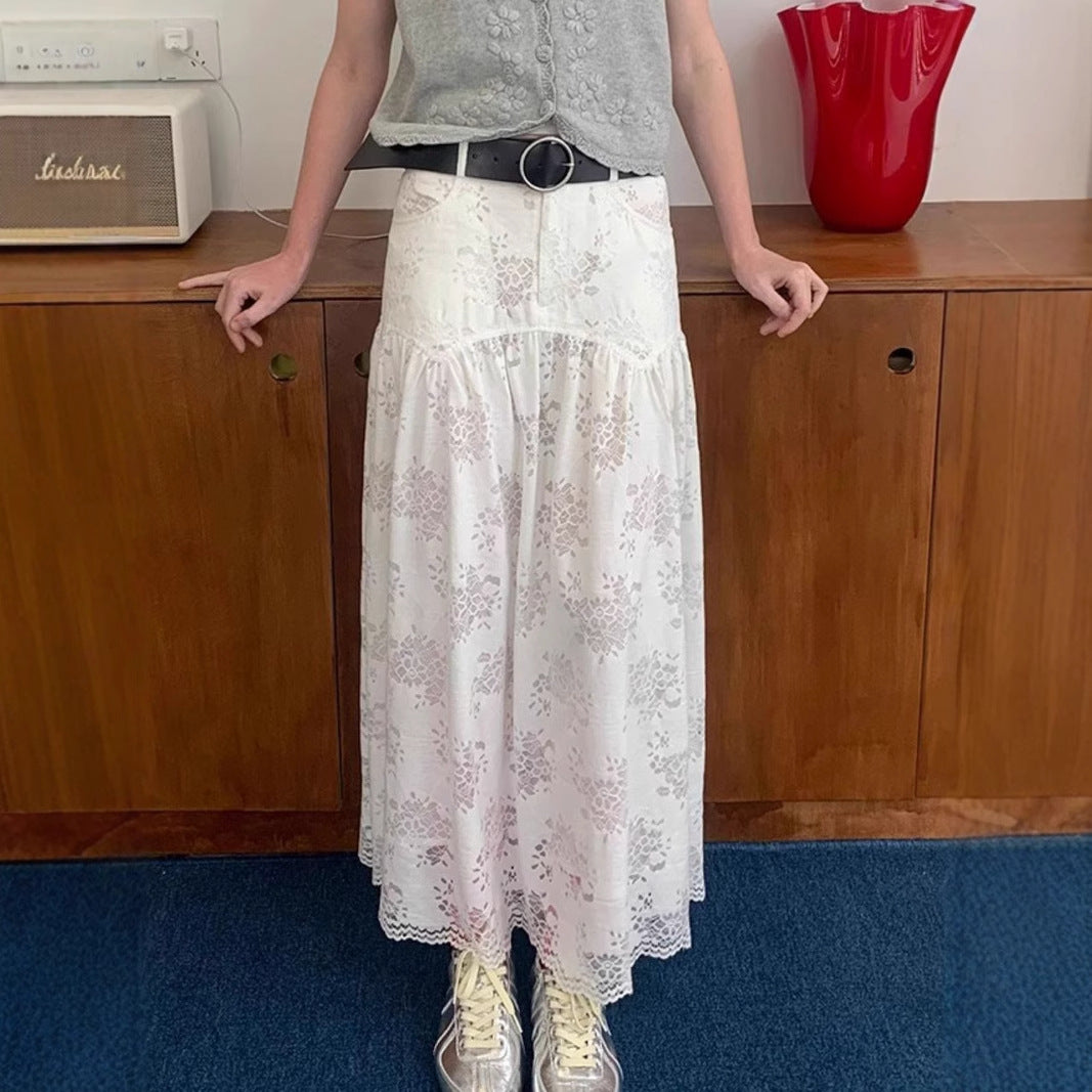 2025 High sense heavy industry white lace skirt women's spring and summer new high waist big swing dress