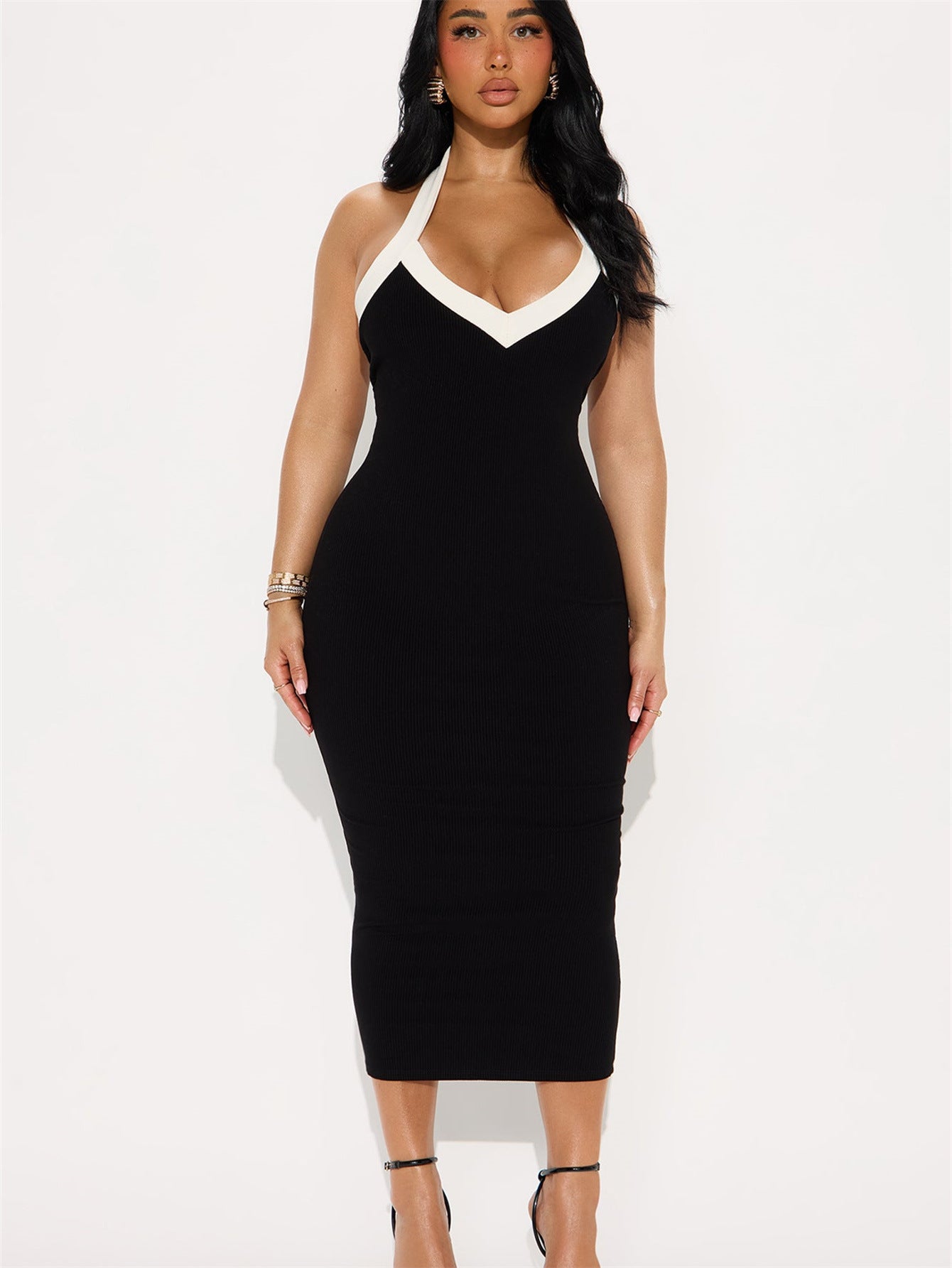 Popular, and the United States summer new women's clothing New Popular trade sexy babes solid color neck halter waist tight dress