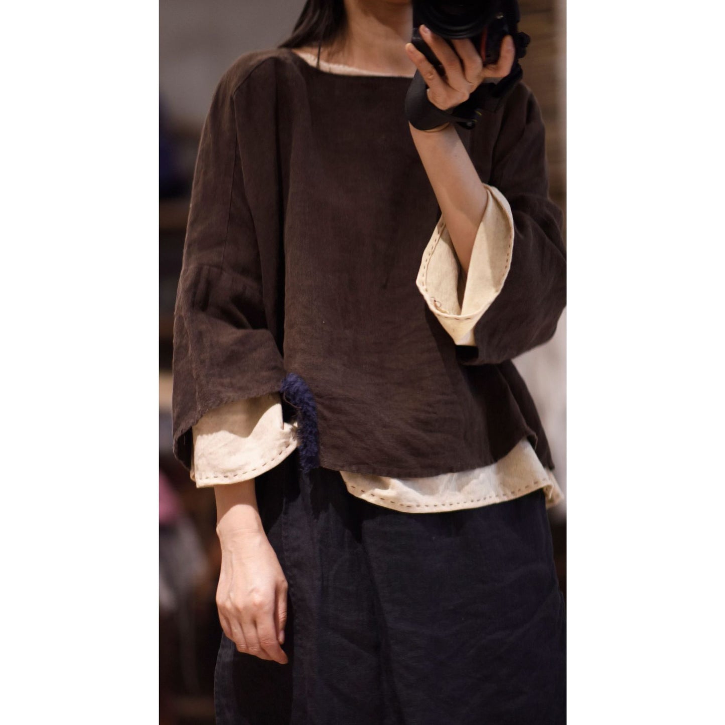 2025 22/8 Xiaohe, early autumn literary and retro linen round neck pullover shoulder seven-quarter sleeve short linen shirt