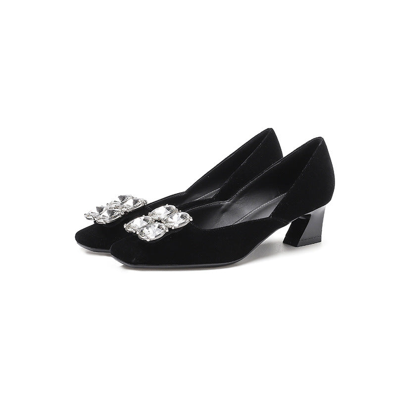 2025 488-1 rhinestone square head single shoes women's 2025 autumn new thick heel high heels silver soft leather women's shoes