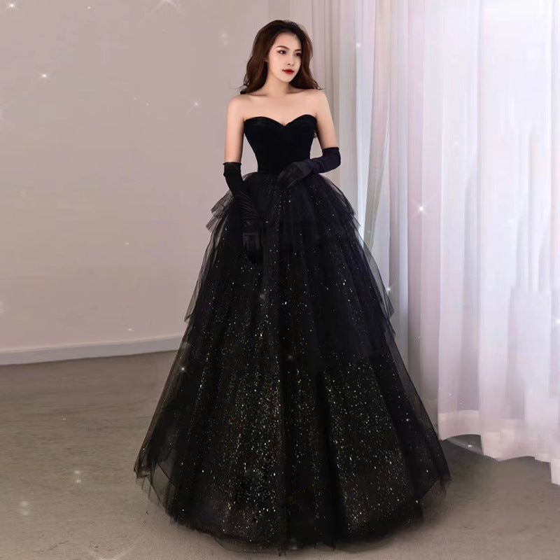 2025 Black tube top velvet high-end evening dress light luxury niche birthday party performance host princess tutu spring