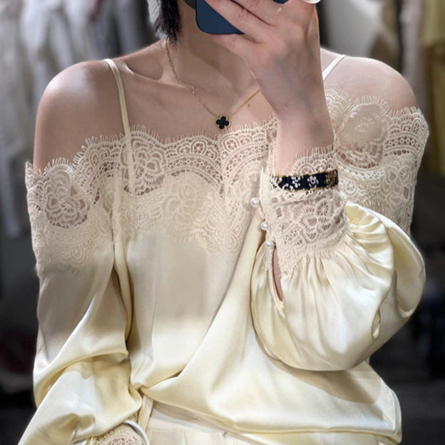 2025 early spring new design sense niche casual fashion temperament one-word collar lace splicing silk shirt women