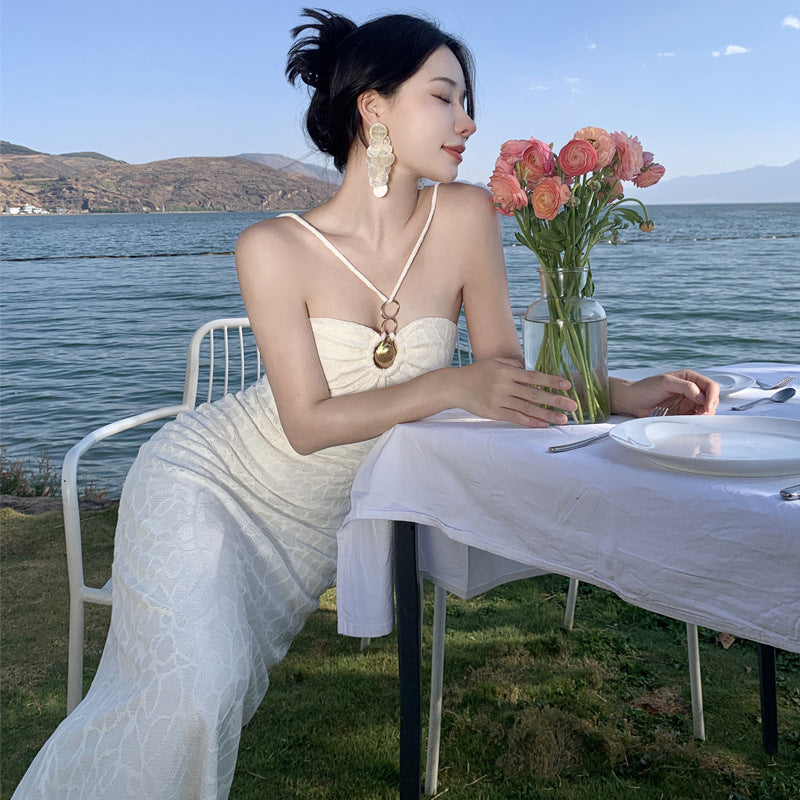 2025 temperament white romantic jacquard tube top skirt sexy hollow slim-fitting hip-wrapped suspender body dress