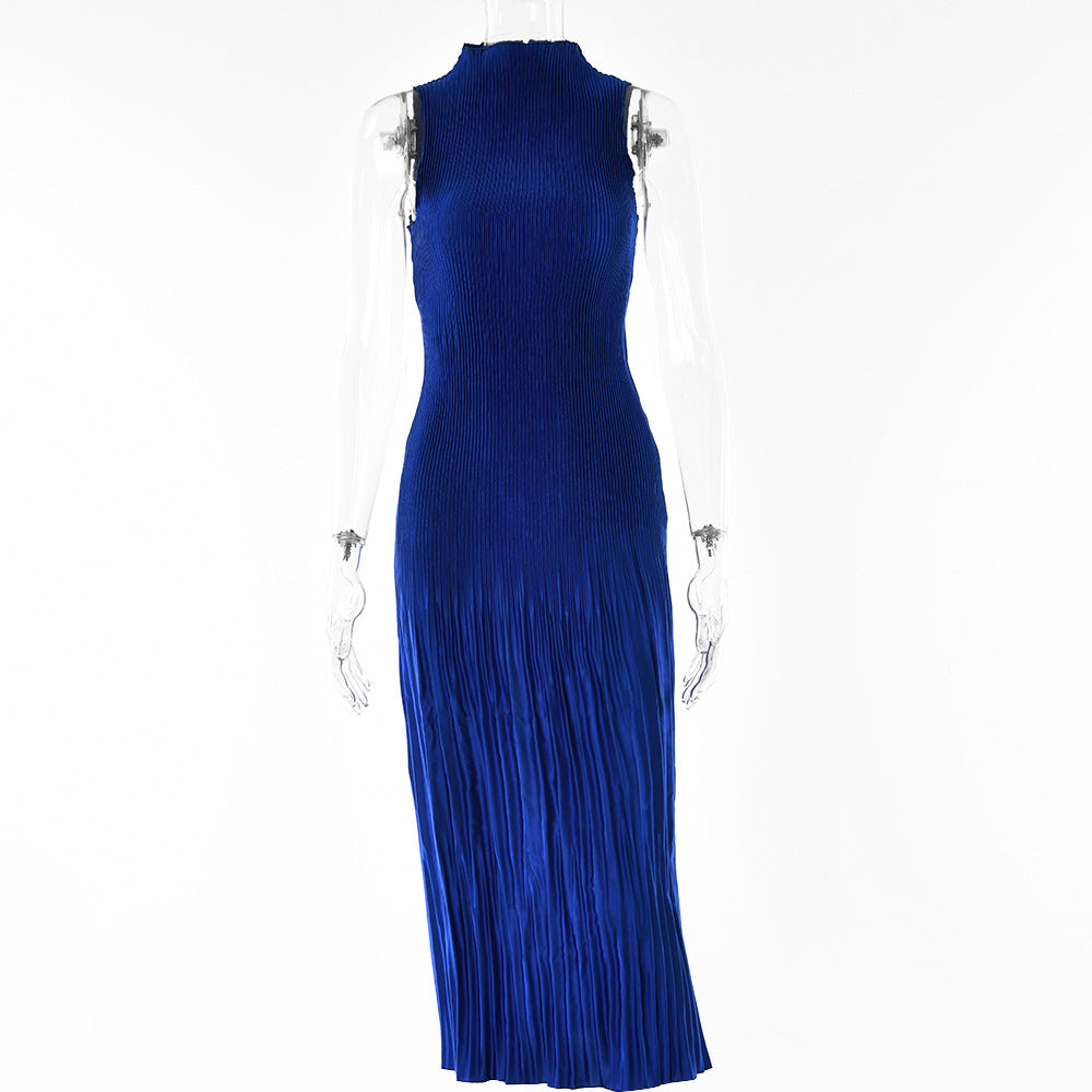 2025 popular ruffle leaf edge round neck dress is hot in autumn, fashionable and sexy sleeveless waist pit strip long dress women