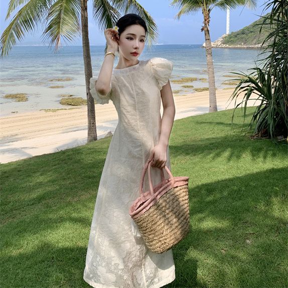 2025 Haute Sense Pure Desire Butterfly Hollow Backless Jacquard Bubble Sleeve Apricot Sexy Leaky Back Holiday Style Dress