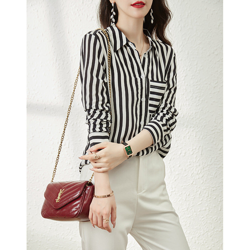 2025 Striped silk shirt women, summer new long-sleeved shirt design sense niche high-end, mulberry silk top