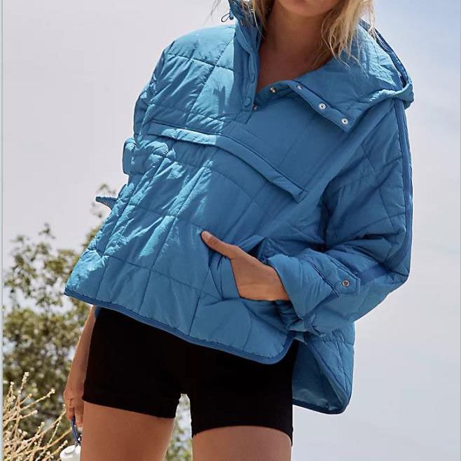 2023 Cross-border Autumn and Winter Solid Color Hooded Cotton Clothing Foldable Filled Pullover Pocket Long Sleeve Jacket Women