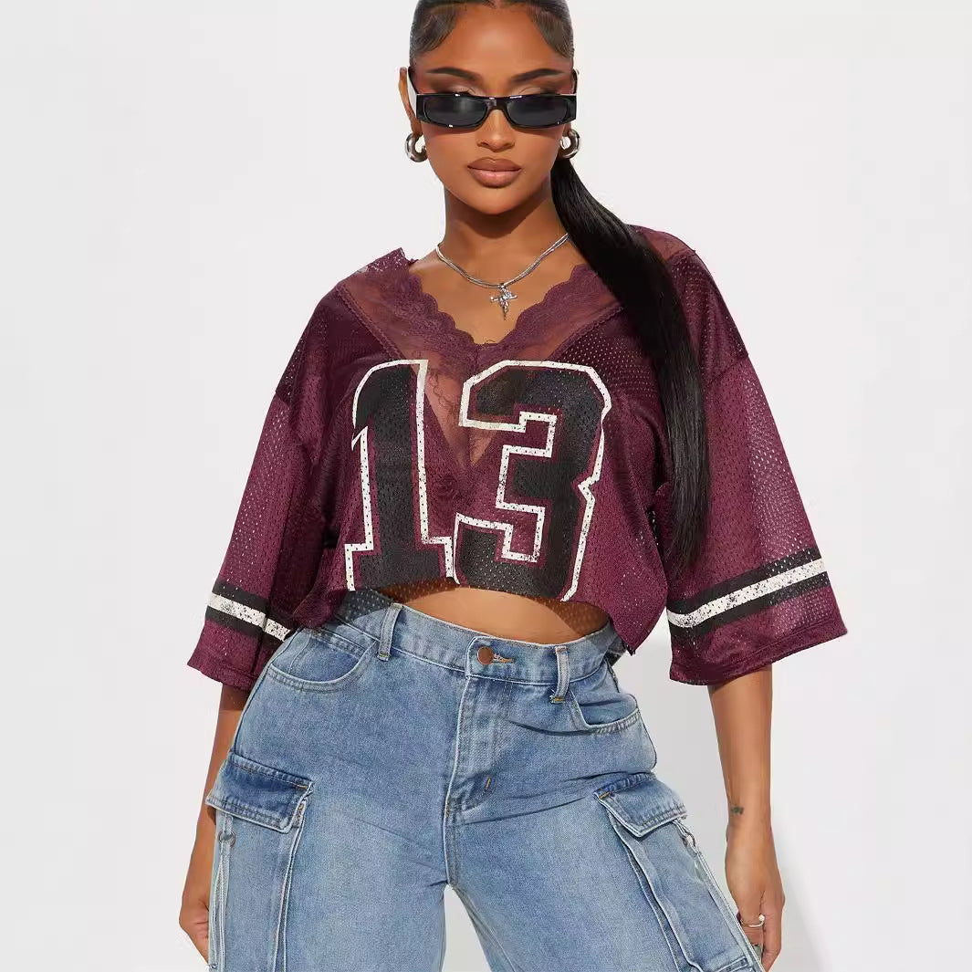 popular summer New printing V-neck lace sexy loose short T-shirt short-sleeved casual top women