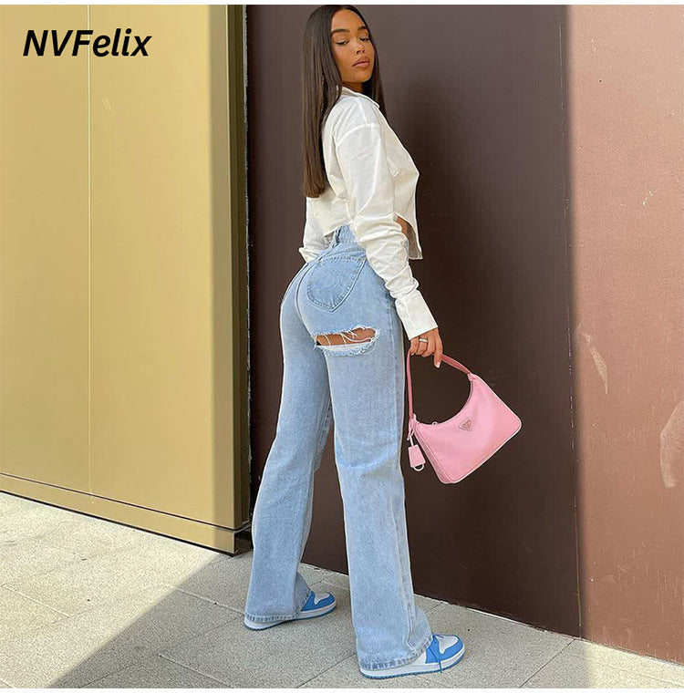 2025 Popularan, 2025n and Popular trade New supply High waist elastic hole foot split denim trousers women