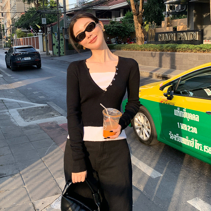 2025 spring new versatile wool color matching bottoming knitted sweater fake two long-sleeved top women 25221