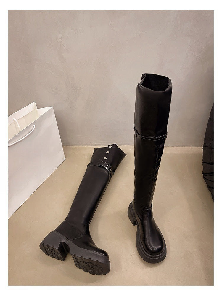 2025 Thick heel platform boots women's spring and autumn popular new Maillard knee boots slim versatile knight boots tide