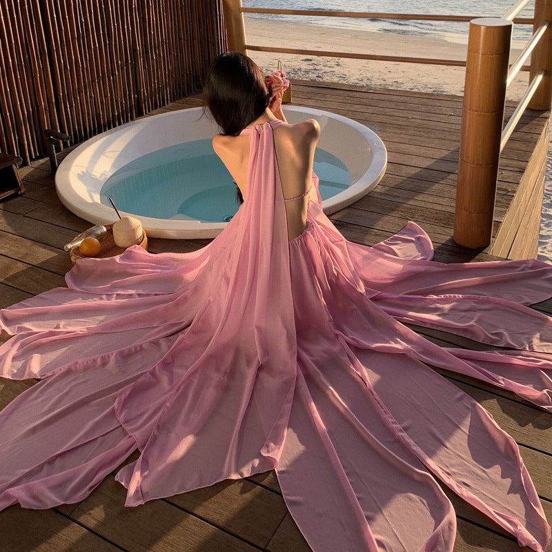 2025 Pendant vacation beach dress premium pink fairy neck dress female summer elegant backless skirt