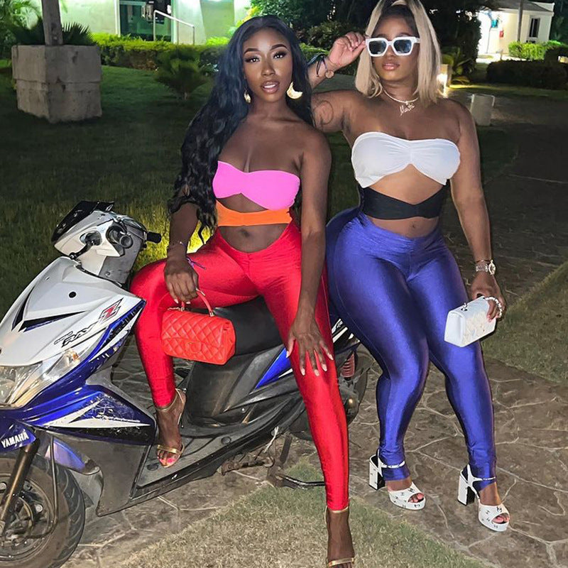 2025 popular tight sexy contrasting color hollow jumpsuit autumn hot-selling fashion tube top backless leggings women