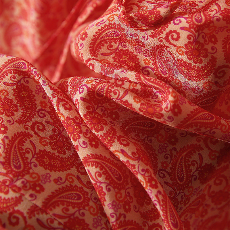 2025 Fungus edge small stand-up collar silk dress printed heavy mulberry silk red skirt new women's clothing medium and long