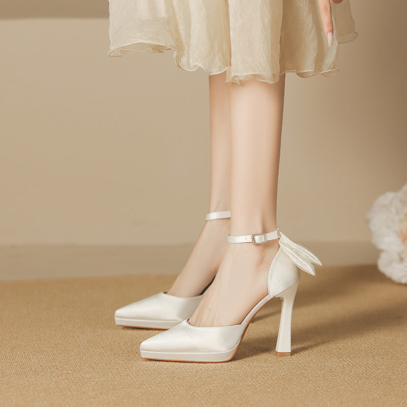 2025 105-2 Bow pointed stiletto high heels waterproof table not tired feet single shoes women's word hollow high heel sandals