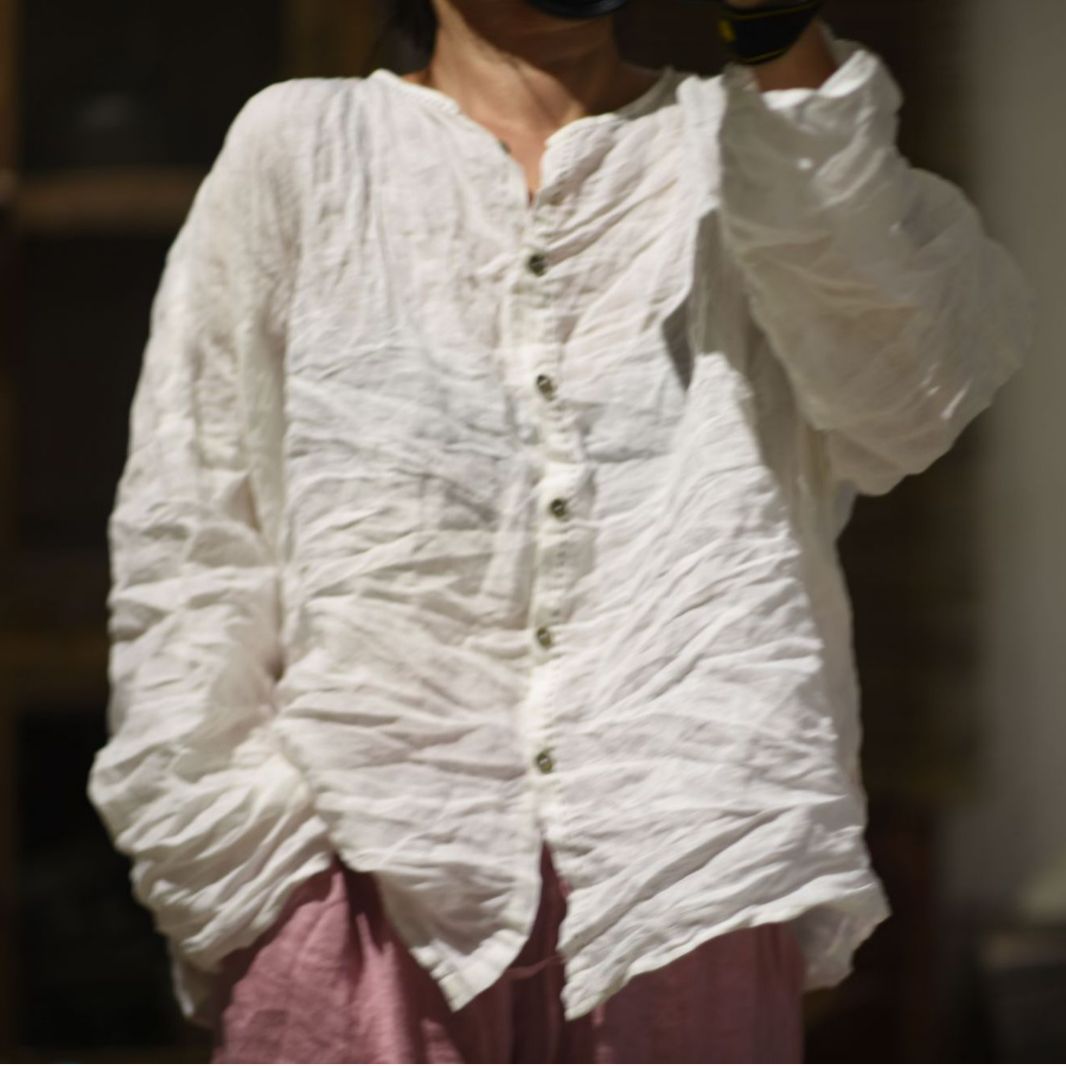 2025 23/7/Linen slave/Early autumn literary and retro soft waxy washed linen cardigan shoulder loose shirt